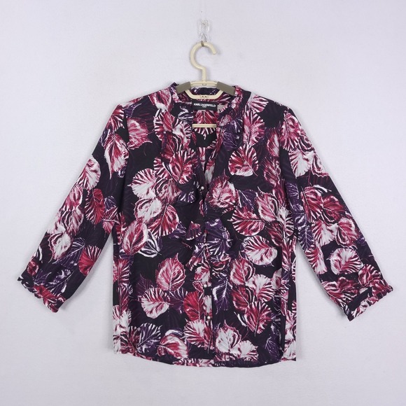 Karl Lagerfeld Tops - Karl Lagerfeld Paris Blouse Womens XS Pearl Button Floral Leaf Printed Ruffle